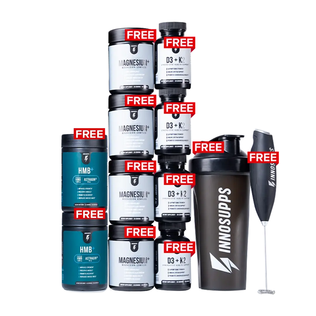 2 HMB+, 4 Bottles of Magnesium+, 4 Bottles of D3 + K2, Shaker & Frother Special Offer